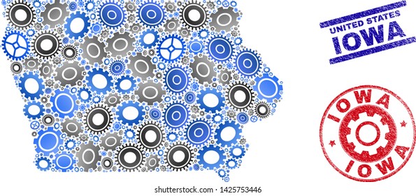 Mechanics vector Iowa State map composition and stamps. Abstract Iowa State map is created with gradient randomized gearwheels. Engineering territory scheme in gray and blue colors,