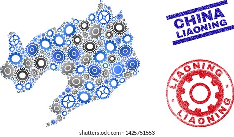 Mechanics vector Liaoning Province map collage and stamps. Abstract Liaoning Province map is done with gradiented random cogs. Engineering territory plan in gray and blue colors,