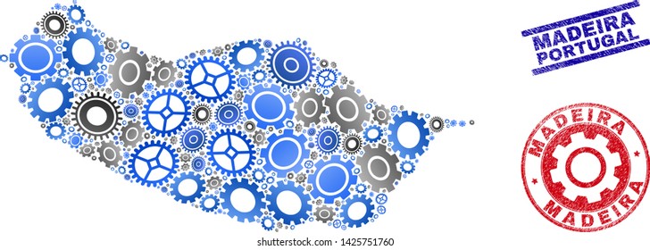 Mechanics vector Madeira map mosaic and seals. Abstract Madeira map is organized from gradient random gear wheels. Engineering geographic scheme in gray and blue colors,