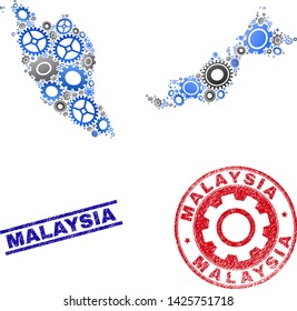 Mechanics vector Malaysia map composition and stamps. Abstract Malaysia map is organized from gradiented random gears. Engineering geographic plan in gray and blue colors,