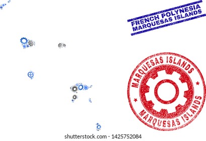 Mechanics vector Marquesas Islands map collage and seals. Abstract Marquesas Islands map is created of gradient scattered cogs. Engineering geographic plan in gray and blue colors,