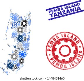 Mechanics vector Pemba island map collage and stamps. Abstract Pemba island map is formed from gradiented randomized gearwheels. Engineering territory plan in gray and blue colors,