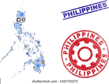 Mechanics vector Philippines map mosaic and seals. Abstract Philippines map is composed with gradiented random cogs. Engineering geographic scheme in gray and blue colors,
