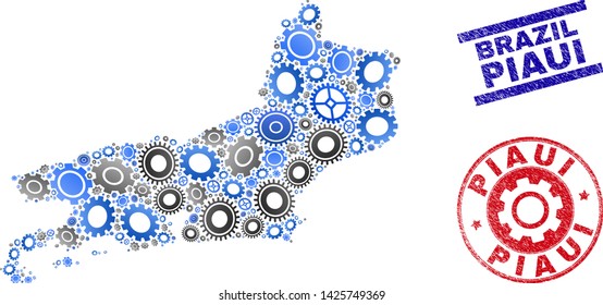 Mechanics vector Piaui State map composition and seals. Abstract Piaui State map is created with gradient random cogwheels. Engineering territorial scheme in gray and blue colors,