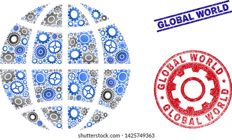 Mechanics vector planet globe collage and seals. Abstract planet globe is done with gradient scattered gearwheels. Engineering territory scheme in gray and blue colors,
