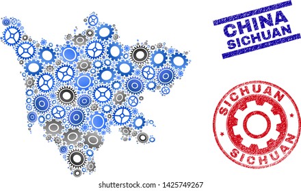 Mechanics vector Sichuan Province map composition and stamps. Abstract Sichuan Province map is constructed from gradiented random cogwheels. Engineering territorial scheme in gray and blue colors,