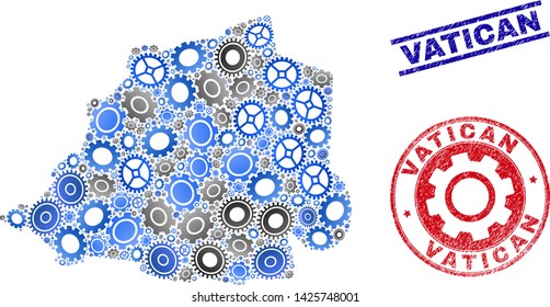 Mechanics vector Vatican map composition and stamps. Abstract Vatican map is designed with gradiented randomized gearwheels. Engineering geographic scheme in gray and blue colors,
