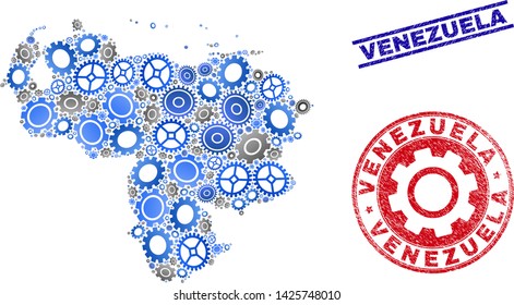 Mechanics vector Venezuela map composition and seals. Abstract Venezuela map is composed of gradient random gearwheels. Engineering territorial scheme in gray and blue colors,