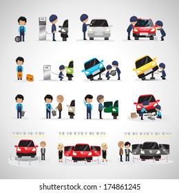 Mechanics And Workers In Different Situations Set - Isolated On White Background - Vector Illustration, Graphic Design Editable For Your Design. Promotion, Car Show And Trade On Fair 