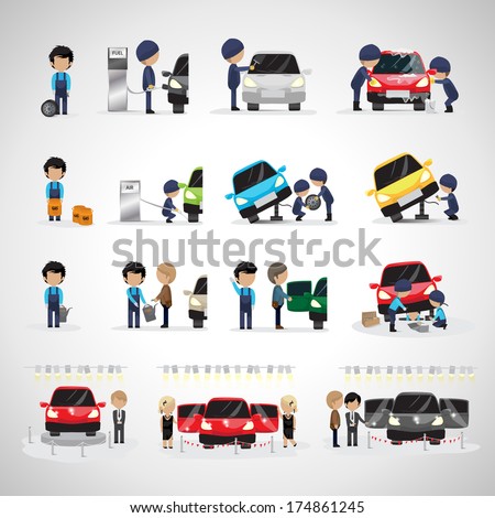 Mechanics And Workers In Different Situations Set – Isolated On White Background – Vector Illustration, Graphic Design Editable For Your Design. Promotion, Car Show And Trade On Fair