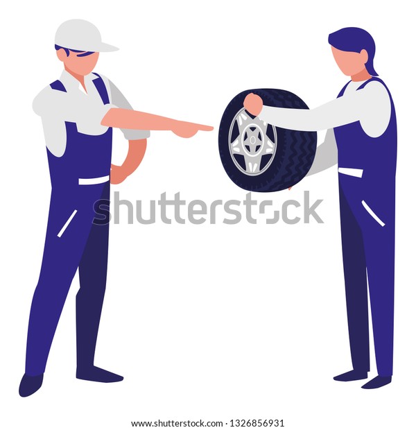 mechanics workers with\
tire car characters