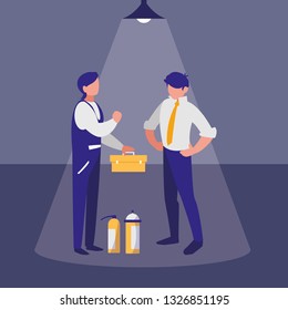 mechanics workers with toolbox characters
