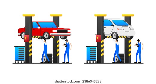 Mechanics Working in an Auto Repair Shop with Cars Lifted on Hydraulic Ramps for Maintenance and Repair Services. Auto Repair Shop