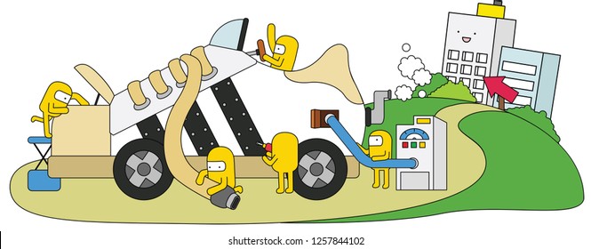 Mechanics working on cars and cars