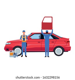 mechanics working with red card over white background, vector illustration