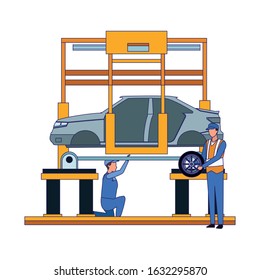 mechanics working under a car icon over white background, vector illustration