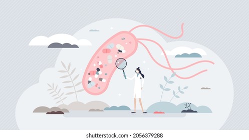 Mechanism Of Antibiotic Resistance Development In Bacteria Cell Tiny Person Concept. Female Scientist Researching Medication Processes In Human Gut. Medical Challenges Because Of Bacterial Mutation.