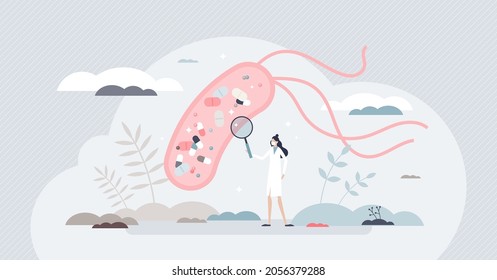 Mechanism of antibiotic resistance development in bacteria cell tiny person concept. Female scientist researching medication processes in human gut. Medical challenges because of bacterial mutation.