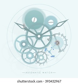 The mechanism of automatic watch lay on the blue retro background.(EPS10 art vector)