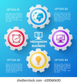 Mechanism of business background with colorful elements and description of options flat vector illustration