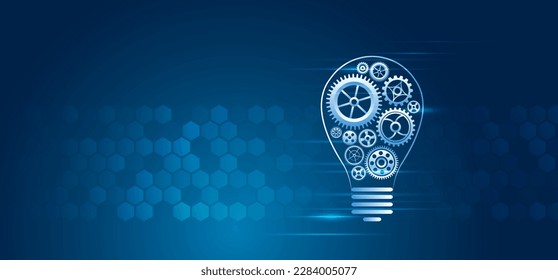 Mechanism consisting of gears and a light bulb on a blue background for presentation. Cogwheel for science experiment presentation, Futuristic high tech concept. Business and industry internet banner