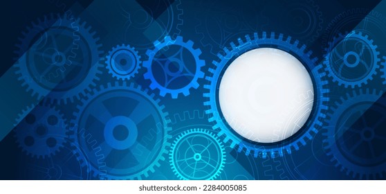 The mechanism consisting of gears on a blue background for the presentation. Cogwheel for science experiment presentation. Futuristic high tech concept. Business and industry internet banner