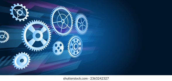 The mechanism consisting of gears on a blue background for the presentation. Cogwheel for science experiment presentation. Futuristic high tech concept. Business and industry internet banner