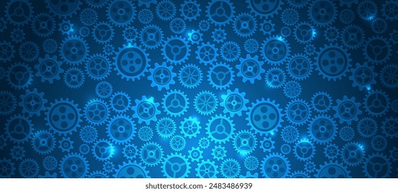 The mechanism consisting of gears on a blue background for the presentation. Cogwheel for science experiment presentation. Futuristic high tech concept. Business and industry internet banner. 