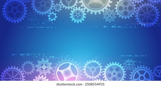 The mechanism consisting of gears on a blue background for the presentation. Cogwheel for science experiment presentation. Futuristic high tech concept. Business and industry internet banner.