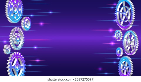 The mechanism consisting of gears on a blue background for the presentation. Cogwheel for science experiment presentation. Mechanical engineering concept. Business and industry internet banner. 