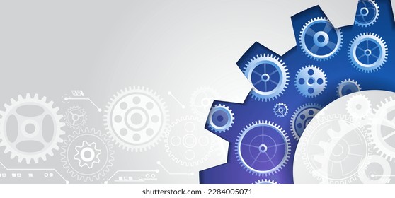 The mechanism consisting of gears on a gray background for the presentation. Cogwheel for science experiment presentation, Futuristic high tech concept. Business and industry internet banner