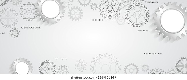 The mechanism consisting of gears on a gray background for the presentation. Cogwheel for science experiment presentation. Futuristic high tech concept. Business and industry internet banner. 