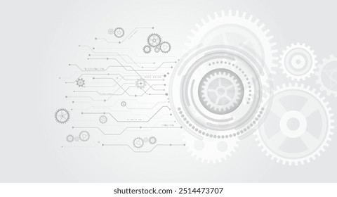 Mecanismo constituído por engrenagens sobre fundo cinzento para a apresentação. Cogwheel para apresentação de experimento de ciência, conceito de alta tecnologia futurista. Banner de internet para empresas e indústrias