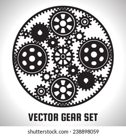 Mechanism consisting set of gears for external and internal gears with the same module. Silhouettes of different cog wheels and pinions. Realistic toothed size and format. Vector art.