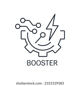 Mechanismus mit elektronischem Block und Blitz. Elektronisches Booster. Lineares Vektorsymbol einzeln auf weißem Hintergrund.