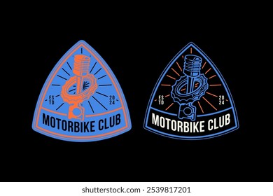 Mecanismo de engranaje con motor de pistón Diseño de logotipo de insignia retro para garaje, taller, repuesto, deporte extremo Motor de rueda dentada con cilindro colección de logotipo de emblema de acero para corredor, motocicleta, ciclista 