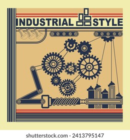 Mechanism with gears and belt drive. Stylized industrial equipment. At the top there is an inscription - Industrial Style. Retro palette. Vector illustration