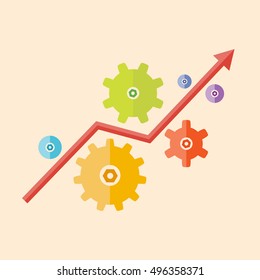 Mechanism with gears and red line going up.  Business concept. Vector, illustration, flat