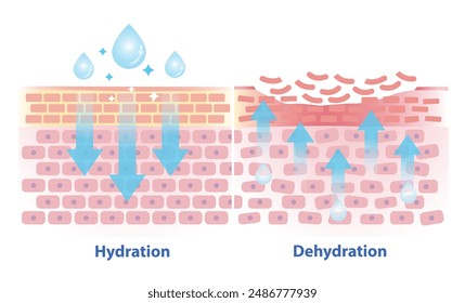 The mechanism of hydration and dehydration skin layer vector illustration isolated on white background. Comparison of skin absorb water, moisture and dry skin lacks water in the uppermost layer.