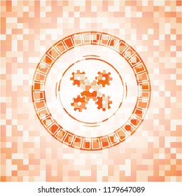 mechanism icon inside abstract emblem, orange mosaic background