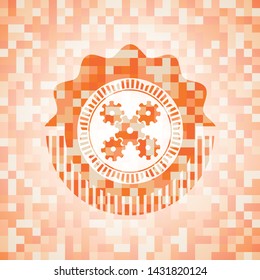 mechanism icon inside abstract emblem, orange mosaic background