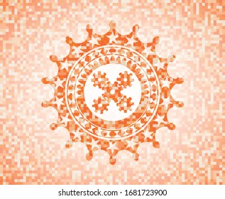 mechanism icon inside abstract emblem, orange mosaic background