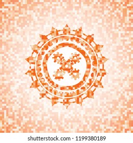 mechanism icon inside abstract orange mosaic emblem