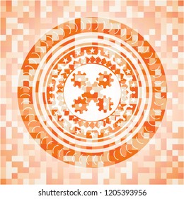 mechanism icon inside abstract orange mosaic emblem