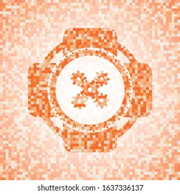 mechanism icon inside abstract orange mosaic emblem with background