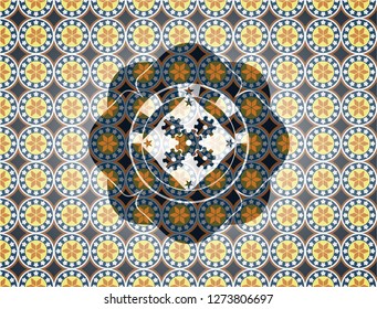 mechanism icon inside arabic emblem background. Arabesque decoration.