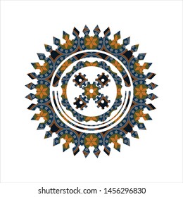 mechanism icon inside arabic style badge. Arabesque decoration.