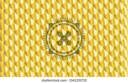 mechanism icon inside golden emblem. Scales pattern. Vector Illustration. Detailed.