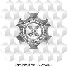mechanism icon inside grey badge with geometric cube white background