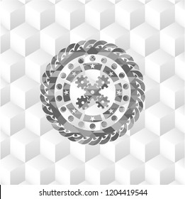 mechanism icon inside grey emblem with cube white background